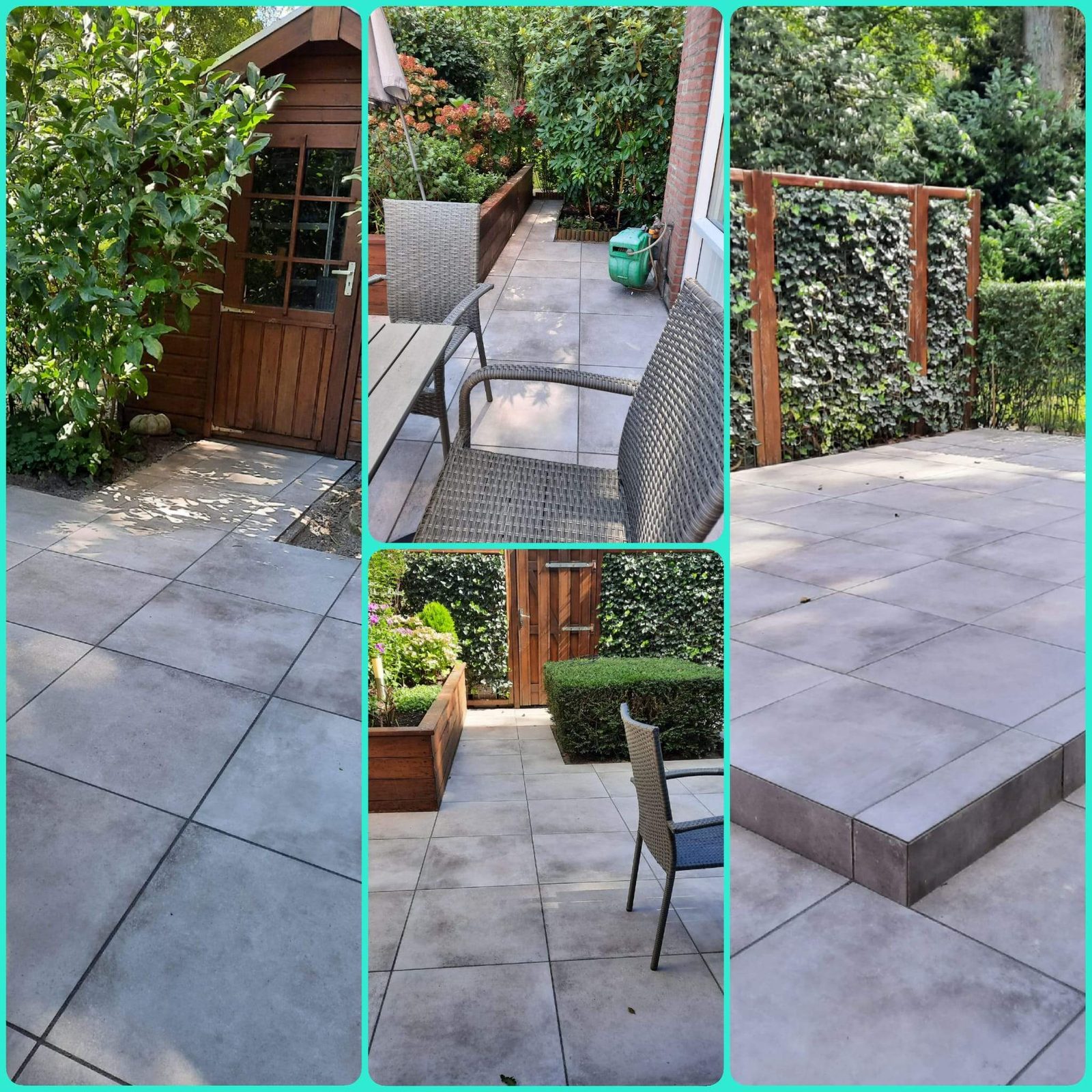 Terras van natuursteen met loungeset en beplanting